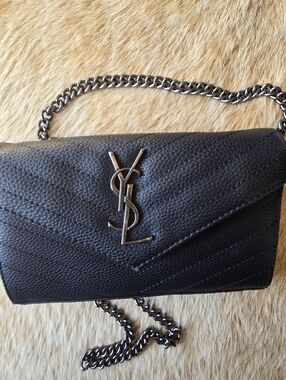 Saint Laurent Cassandre Envelope Chain Wallet in Grain de Poudre Gun Metal Hardw
